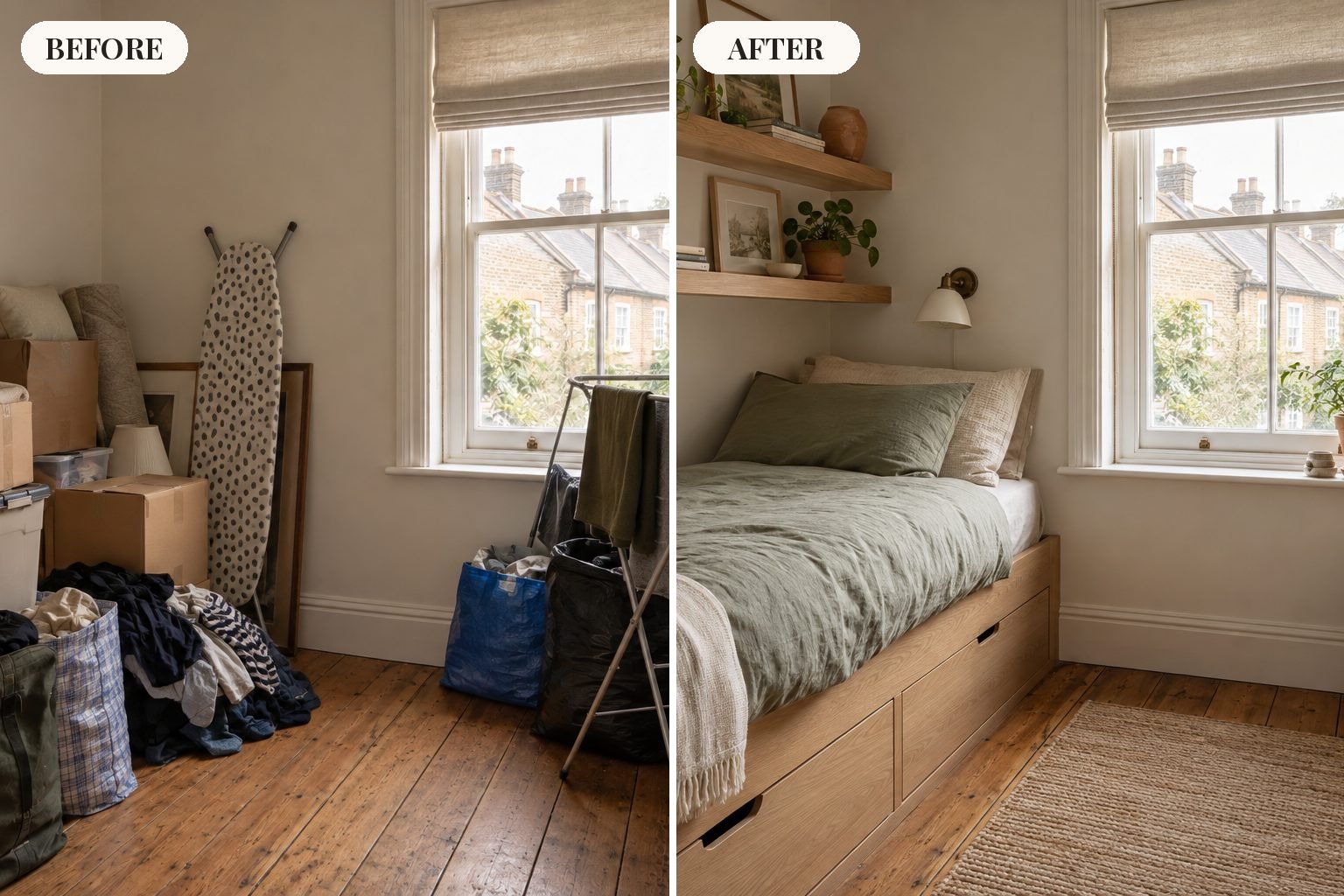 Box room before and after: boxes, an ironing board and laundry on the left; the same room with a single bed with drawers, shelves and a wall light on the right
