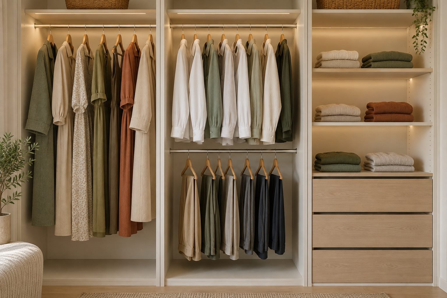 Inside a built-in wardrobe: dresses on a long-hanging rail on the left, two stacked rails of shirts and trousers in the middle, and folded jumpers on shelves above oak drawers on the right