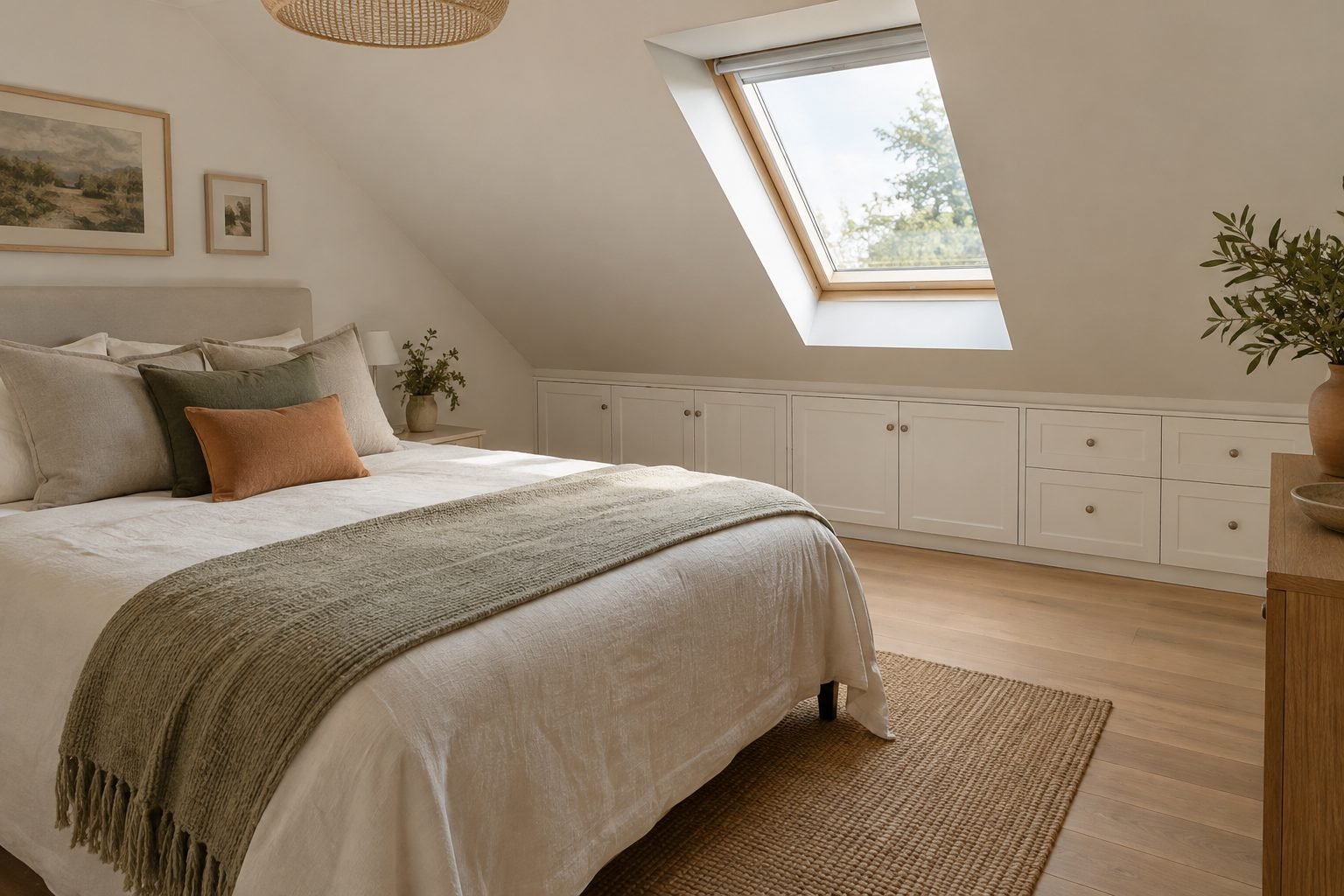 An attic bedroom with a sloping ceiling and roof window, with low white built-in cupboards and drawers fitted along the wall under the eaves