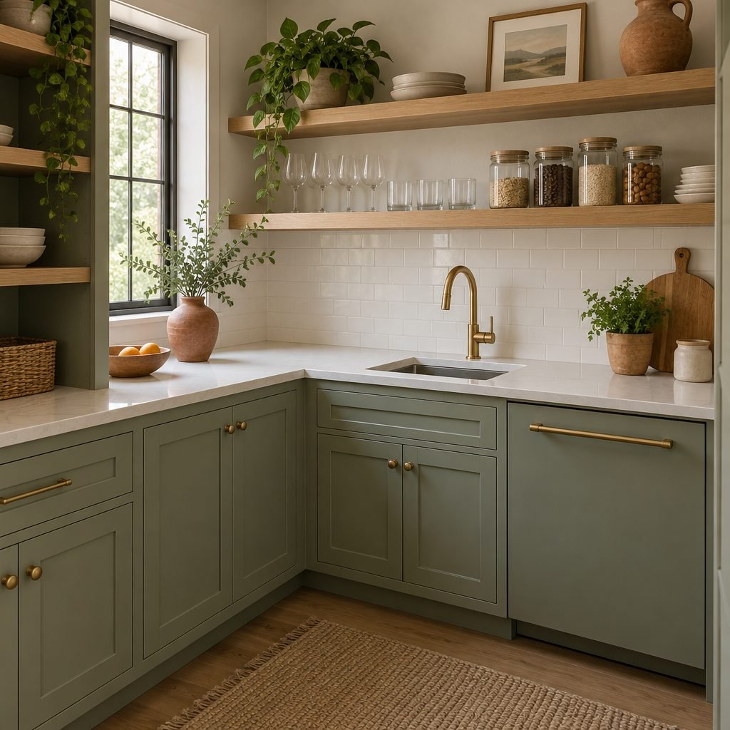 L-shaped butler's pantry with sage cabinets, a white countertop, an undermount prep sink with a brass faucet and open oak shelves above