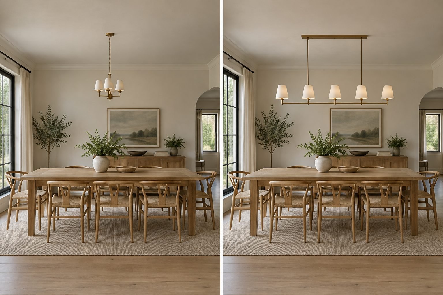Side by side: a tiny chandelier over a long dining table, then a linear chandelier running along about two thirds of the same table