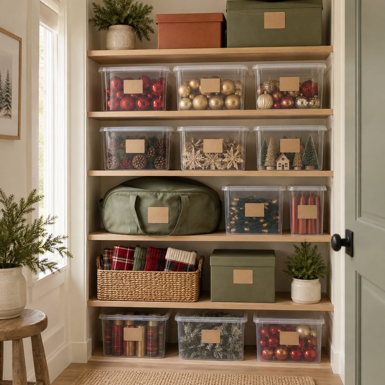 Christmas decoration storage with clear labeled bins of ornaments, lights and pinecones on white oak shelves, a stocking basket and a tree bag