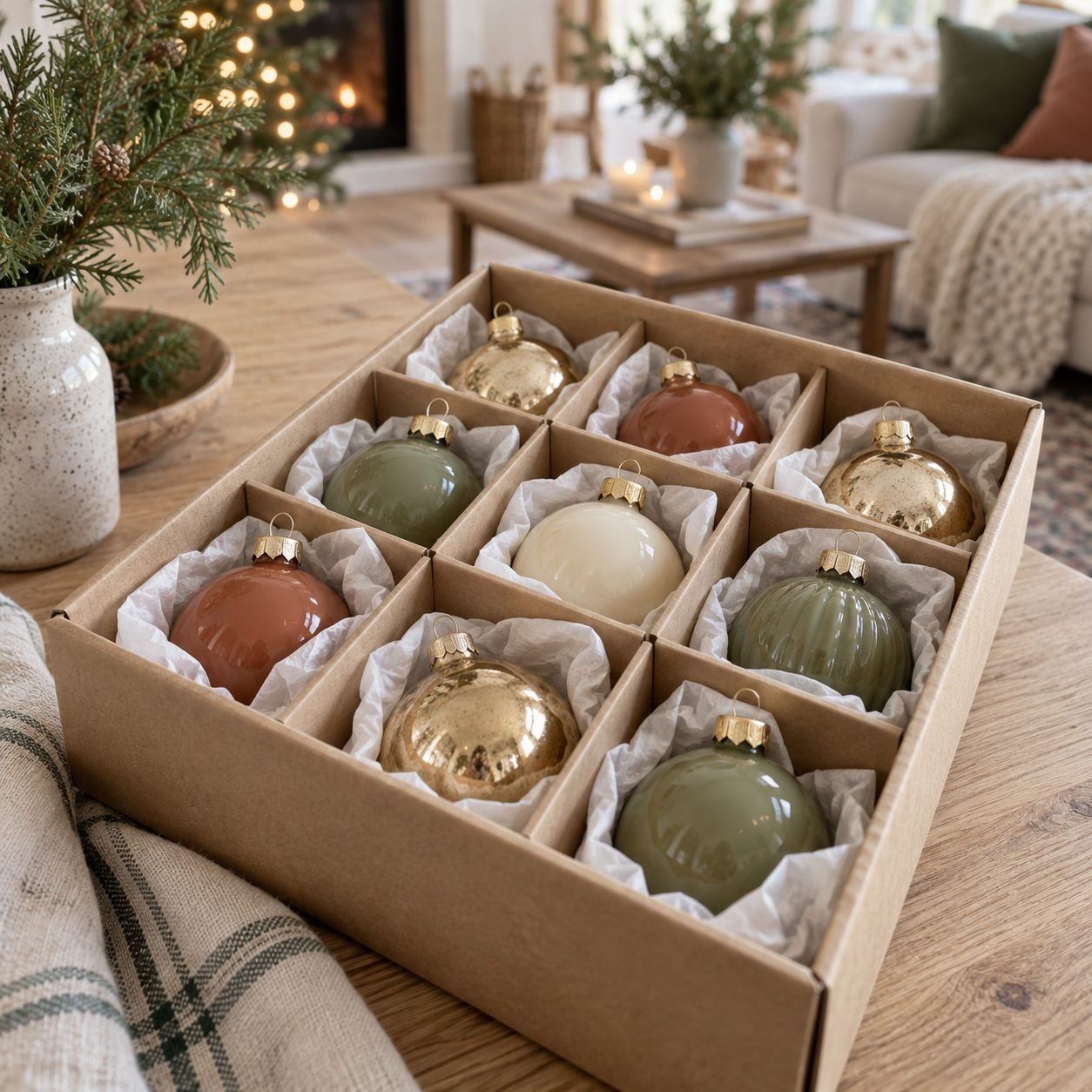 Cardboard ornament storage box with dividers, each glass Christmas bauble wrapped in white acid-free tissue paper