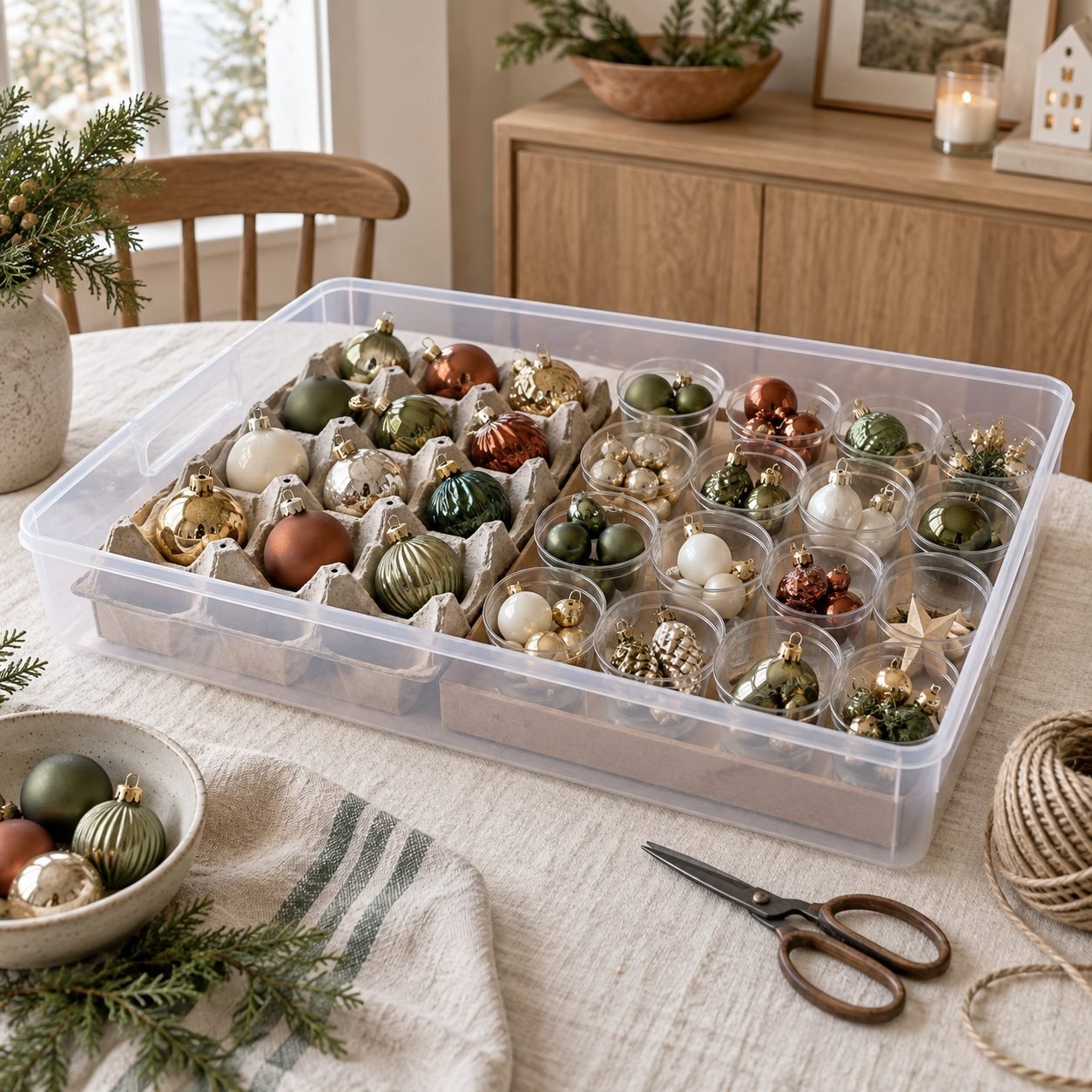 DIY Christmas ornament storage using egg cartons and clear plastic cups glued to cardboard inside a shallow clear bin