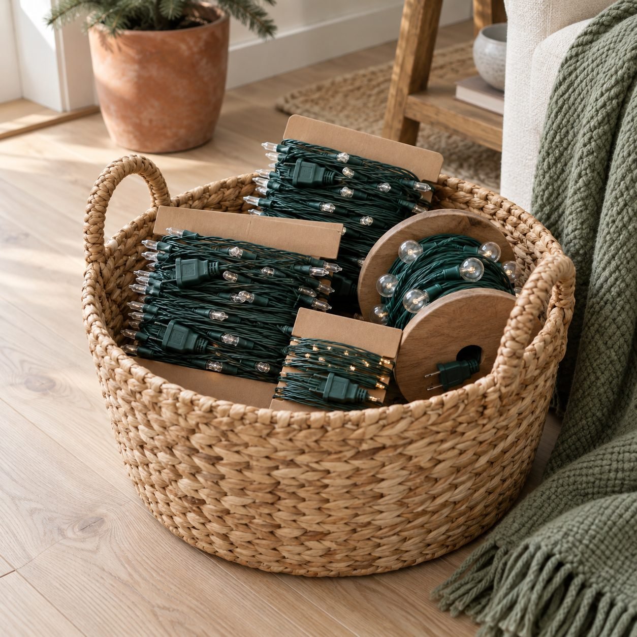 Christmas string lights stored tangle-free, wound on flat cardboard pieces and a wooden reel inside a woven basket