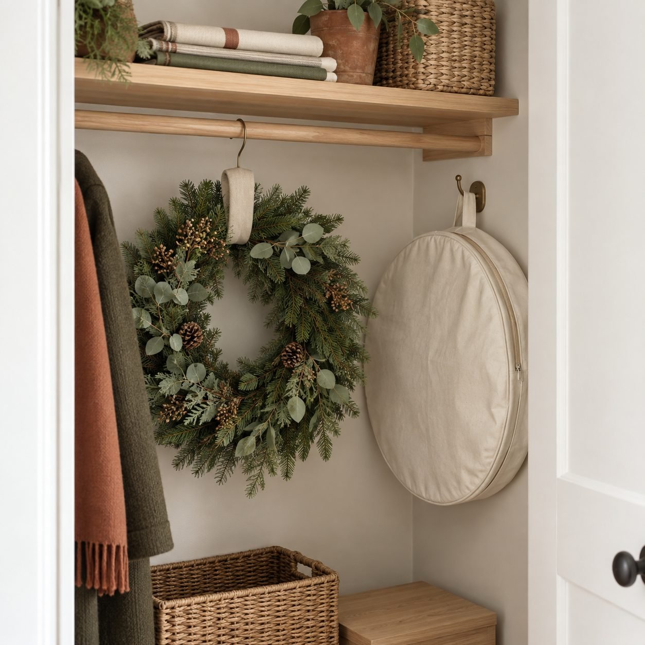 Christmas wreath hanging from a padded hanger in a coat closet next to a round zippered fabric wreath storage bag on a hook