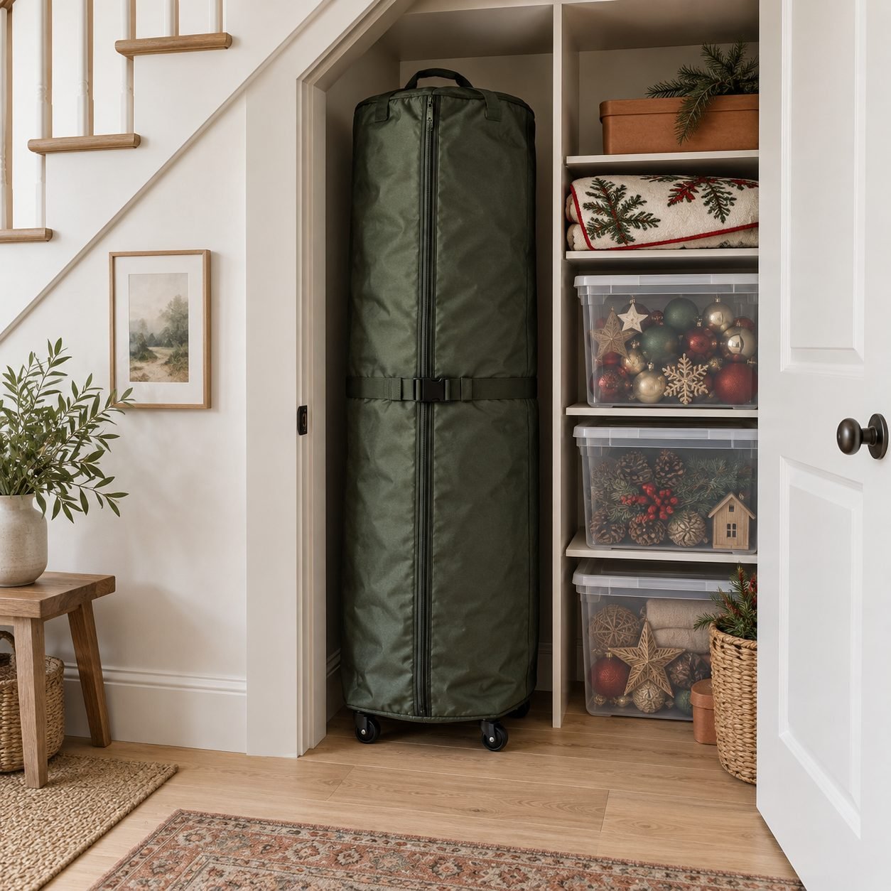 Artificial Christmas tree stored in a tall upright rolling storage bag in an under-stairs cupboard beside clear bins of decorations