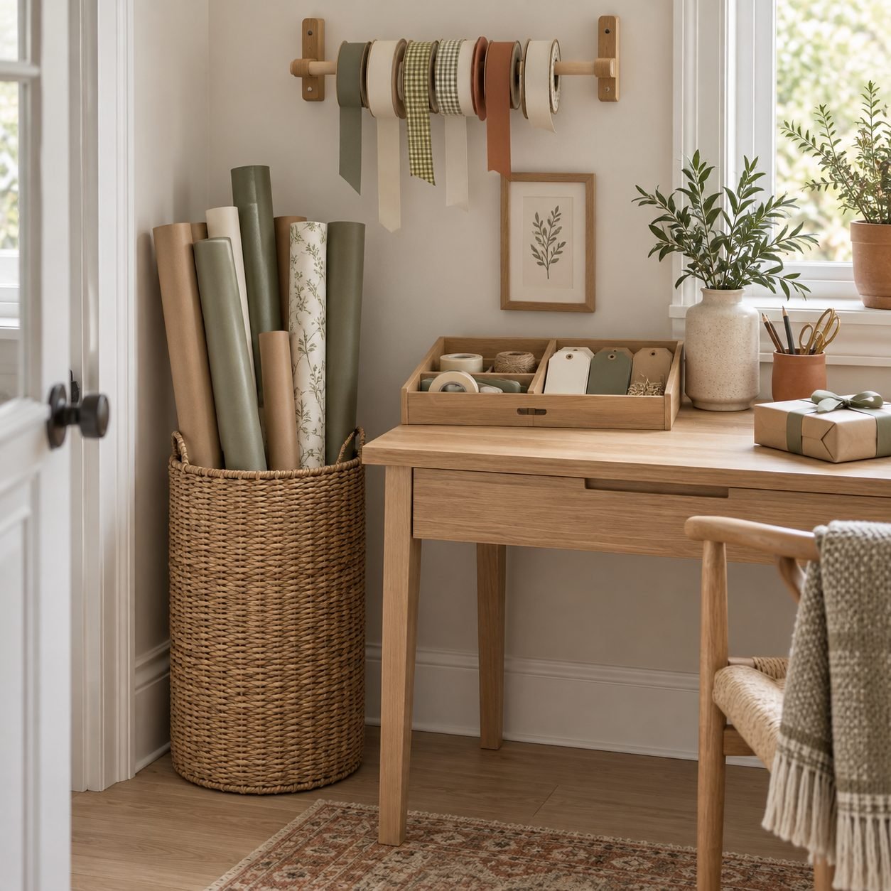 Wrapping paper rolls standing in a tall woven basket with ribbon spools on a wall dowel and a tray of tags on an oak desk