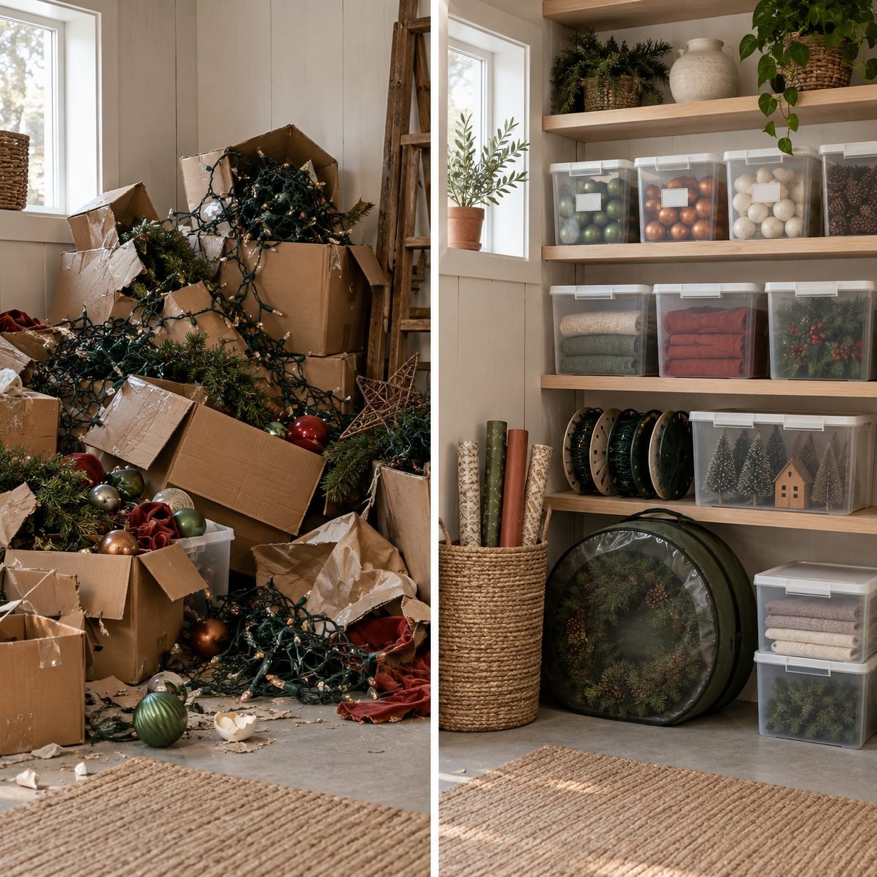 Before and after Christmas decoration storage: torn cardboard boxes and tangled lights versus labeled clear bins, light reels and a wreath bag on shelves