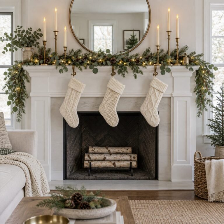 Christmas mantel decorating ideas: a white mantel with a pine and eucalyptus garland and warm fairy lights, brass candlesticks with flameless tapers, a round mirror and three cream knit stockings above an unlit fireplace with birch logs