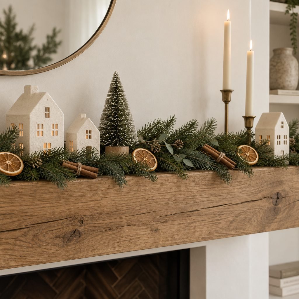 Minimalist Christmas mantel on a reclaimed oak beam: a thin pine garland with dried orange slices and cinnamon sticks, cream ceramic houses, a small bottlebrush tree and brass candlesticks with flameless taper candles