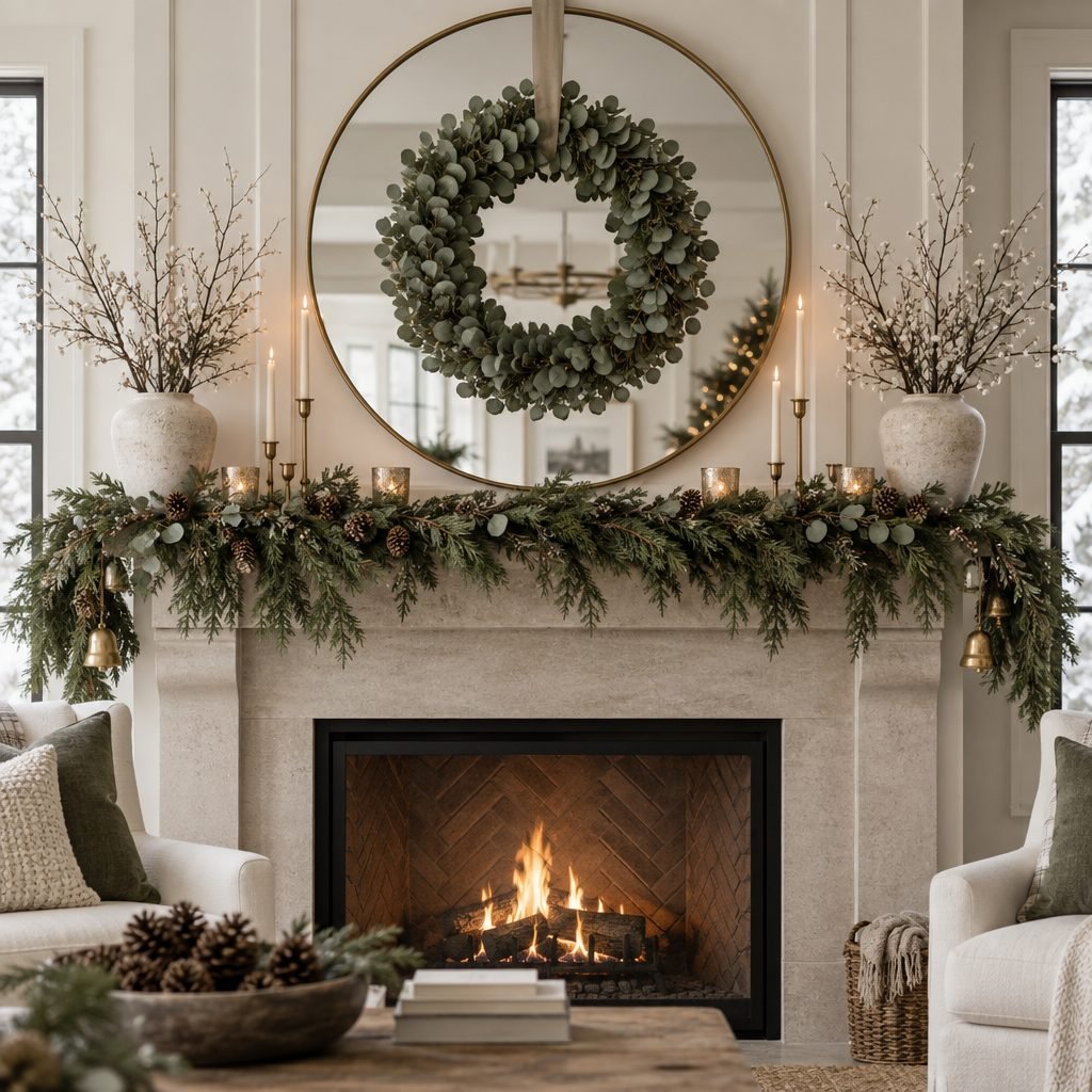 Symmetrical Christmas mantel with a eucalyptus wreath hung in front of a large round mirror, a full pine garland with pinecones and brass bells, flameless tapers and two stone vases of white branches on each end