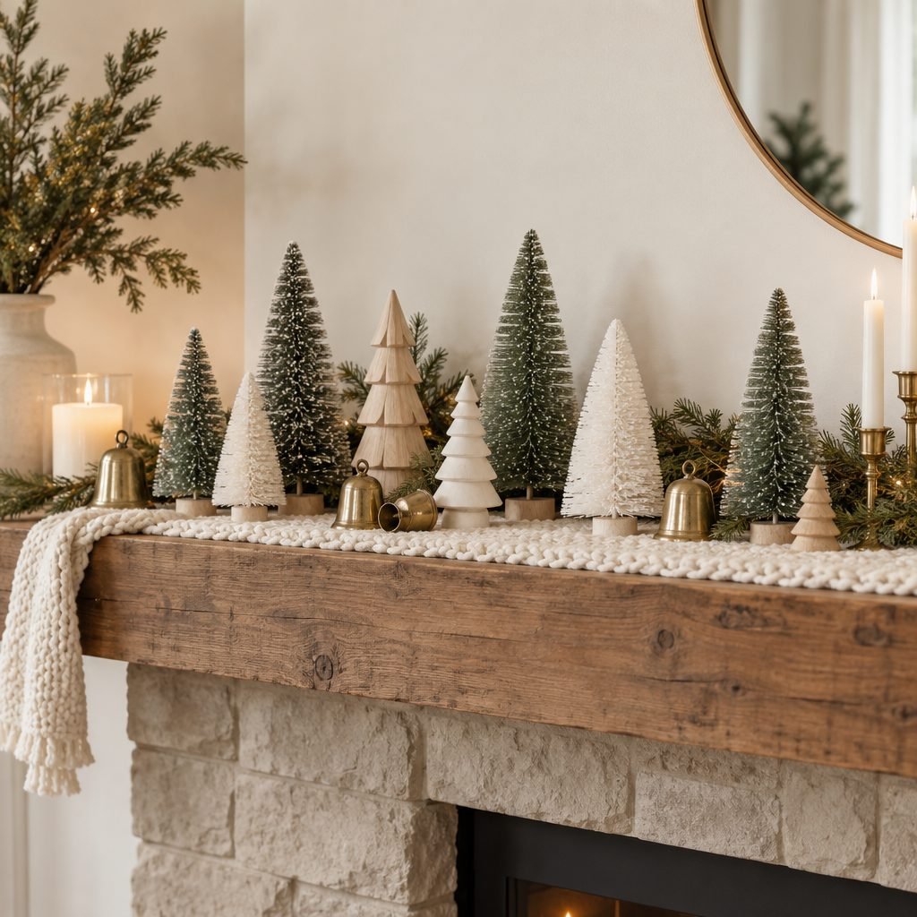 Row of small bottlebrush and wooden Christmas trees in white, sage and natural wood with brass bells on a chunky knit runner along a rustic wood mantel