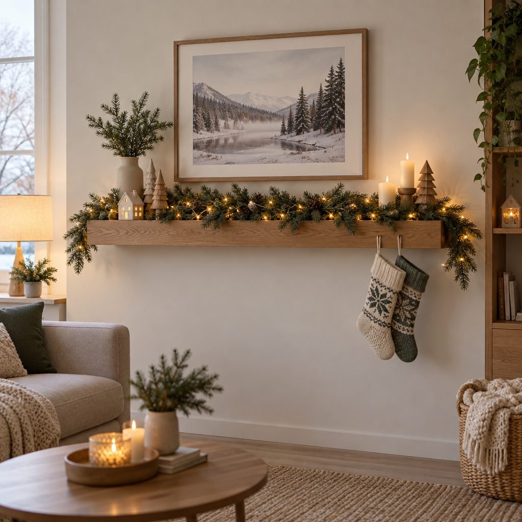 Small apartment living room with an oak floating shelf used as a faux Christmas mantel: a pine garland with warm fairy lights, small wooden trees and a ceramic house, two knit stockings and a framed winter landscape print above