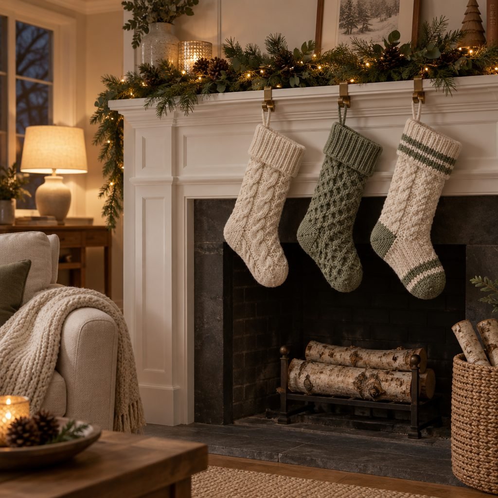 Three cream and sage knit Christmas stockings on brass holders below a pine garland with warm lights on a white mantel, above an unlit fireplace with birch logs, in warm lamp light