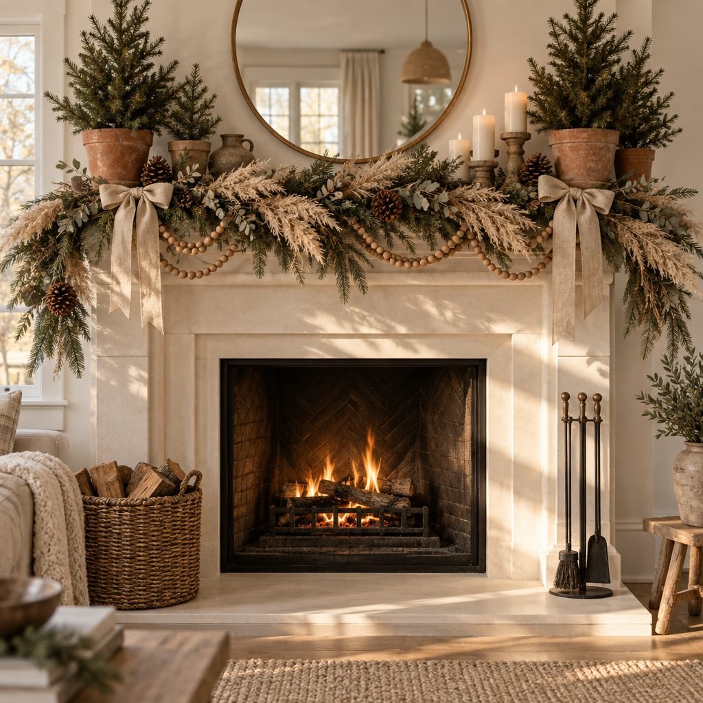 Christmas mantel in natural tones with a pine and dried pampas garland, wooden bead strands, linen ribbon bows, pinecones and small evergreen trees in terracotta pots under a round mirror