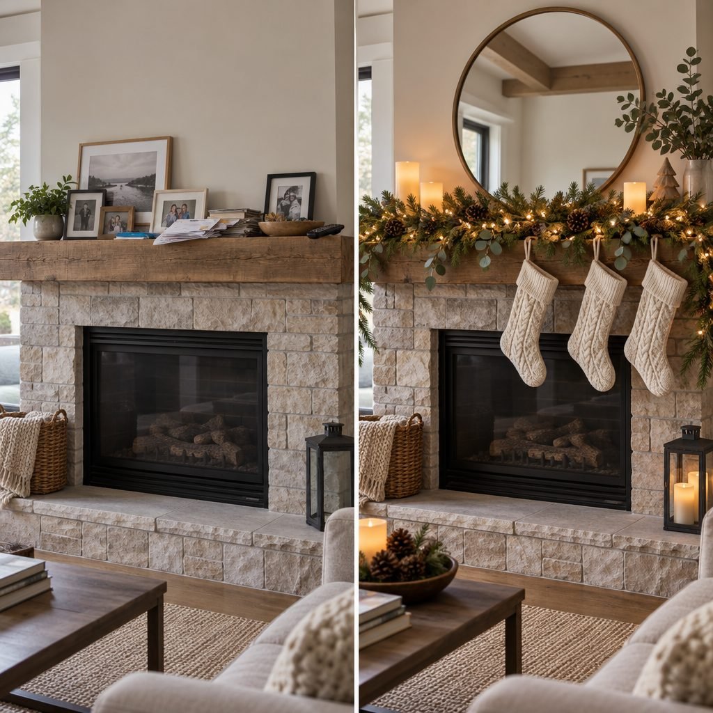 Fireplace mantel before and after: a wood beam mantel cluttered with photo frames, mail and a remote, then the same mantel decorated for Christmas with a lit pine and eucalyptus garland, a round mirror, flameless candles and three knit stockings