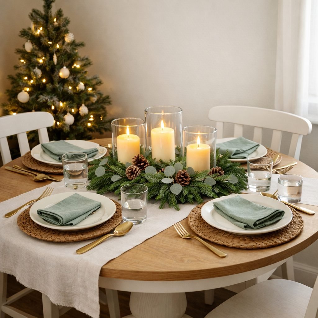 Small round white oak dining table set for Christmas for four with a low cedar and eucalyptus centerpiece, flameless LED candles in glass hurricanes, cream plates and sage green napkins