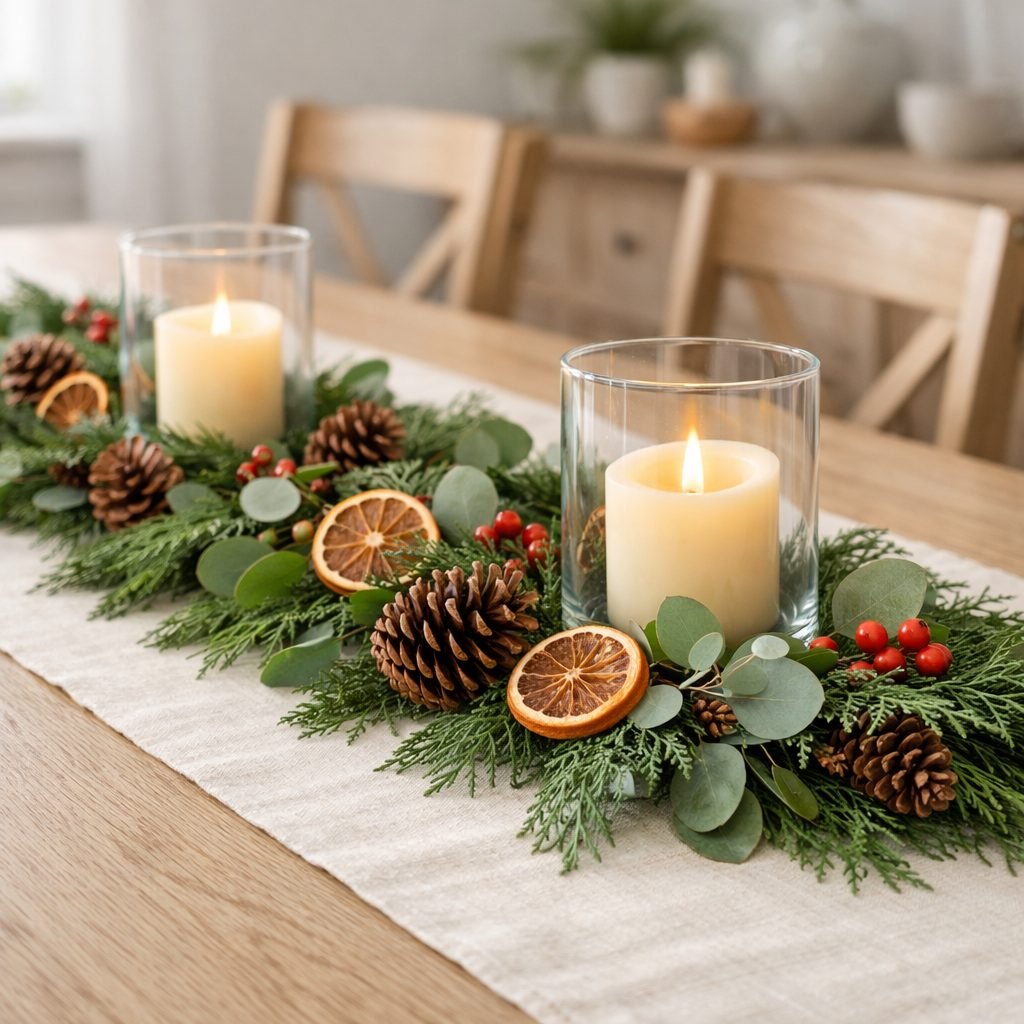 Low Christmas table centerpiece of cedar and eucalyptus garland with pinecones, dried orange slices and red berries on a linen runner, with flameless LED candles in glass hurricanes