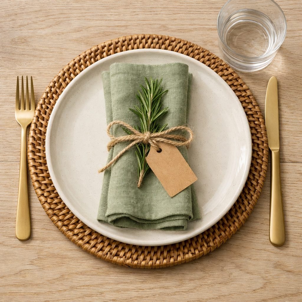 Christmas place setting with a cream plate on a woven rattan charger, a sage linen napkin tied with jute twine, a rosemary sprig and a blank kraft tag, and gold cutlery
