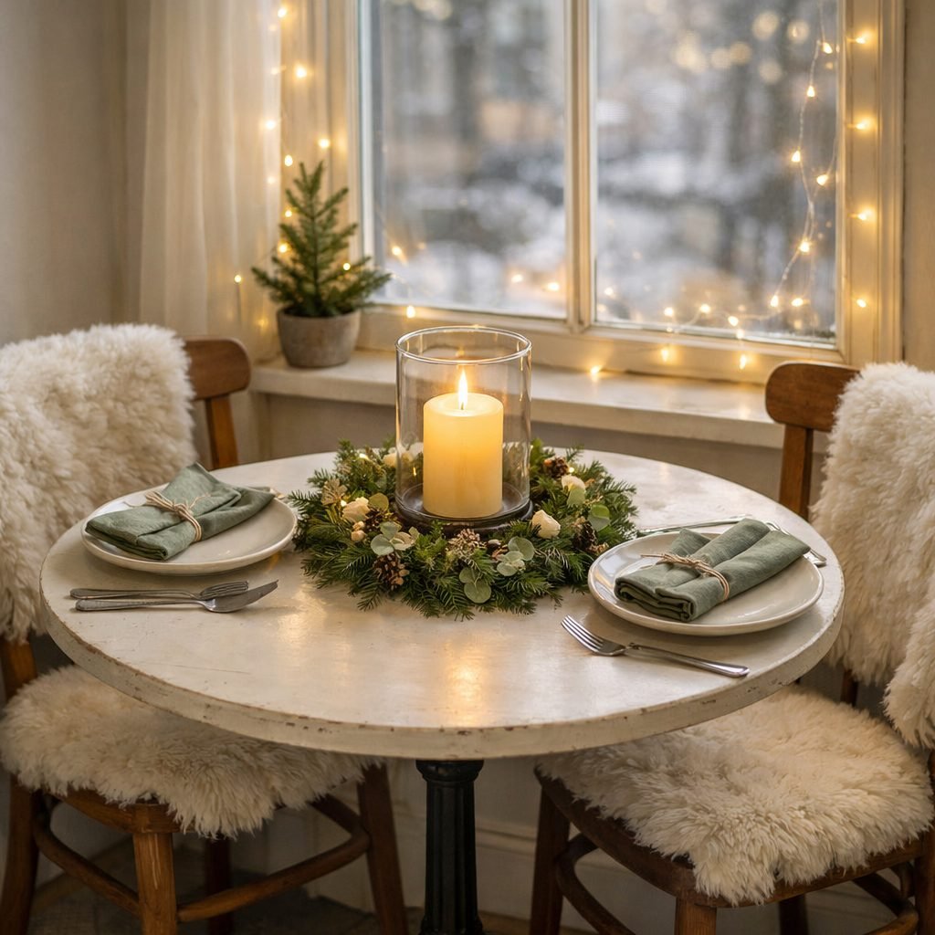 Small round bistro table for two by a window decorated for Christmas with a small greenery wreath around one flameless candle in a glass hurricane, sage napkins and sheepskin-covered chairs