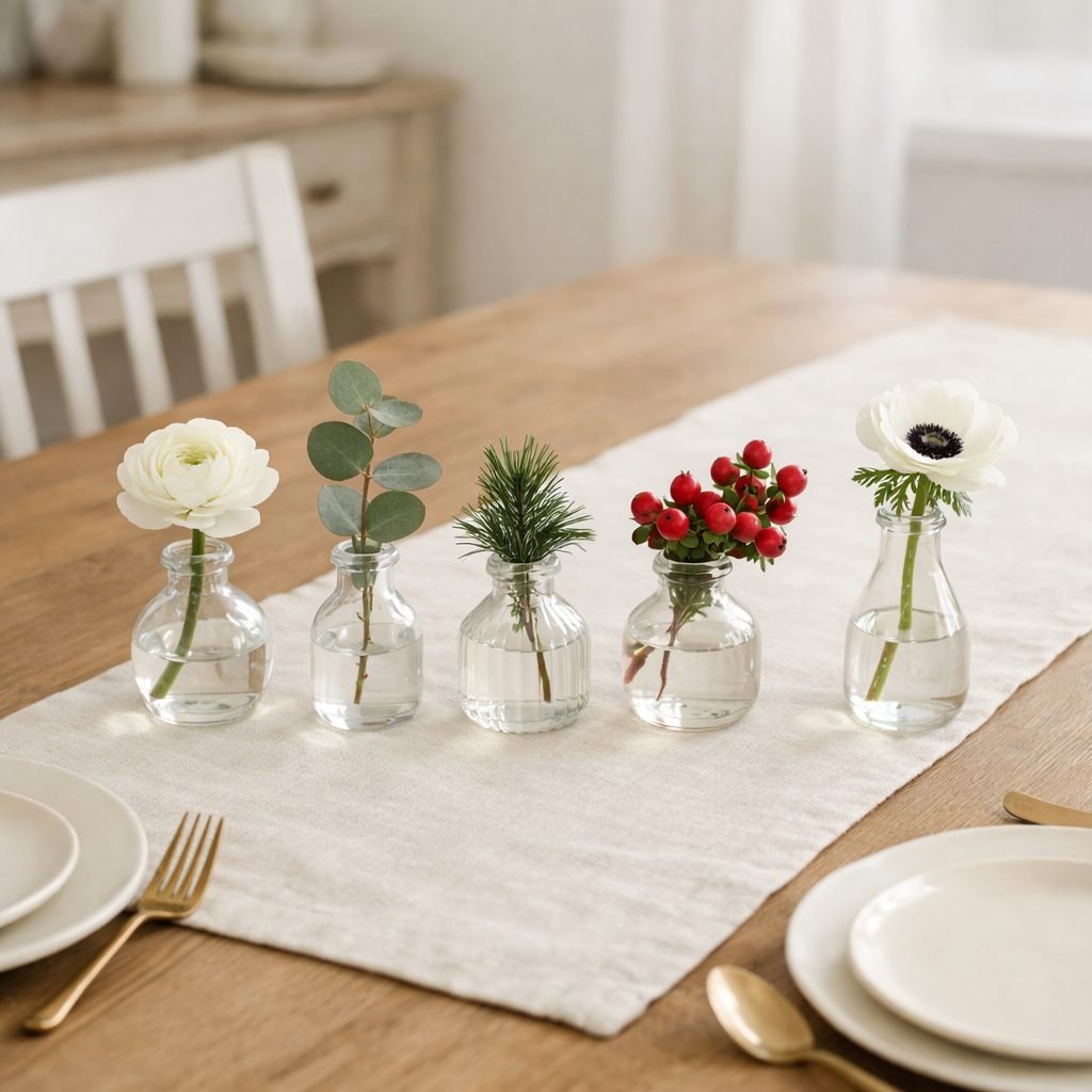 Row of five small clear glass bud vases with single stems of white ranunculus, eucalyptus, pine, red berries and a white anemone on a linen runner down a white oak table