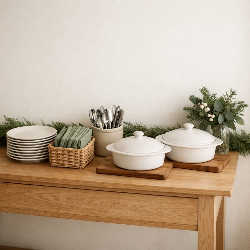 Narrow white oak sideboard set up as a small Christmas buffet with stacked plates, sage napkins in a basket, cutlery in a crock, two covered white serving dishes and a cedar garland