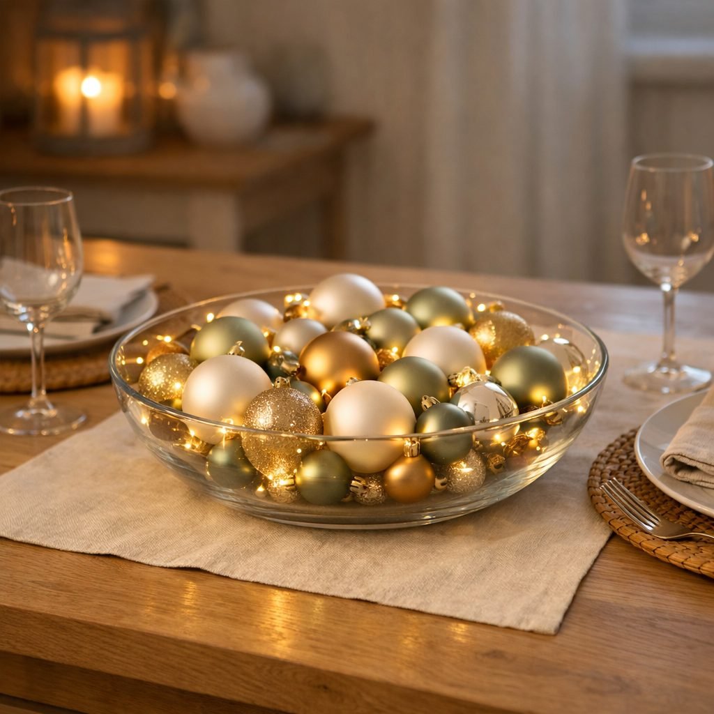 Wide glass bowl filled with cream, gold and sage green Christmas ornaments and tiny battery string lights as a centerpiece on a wooden dining table