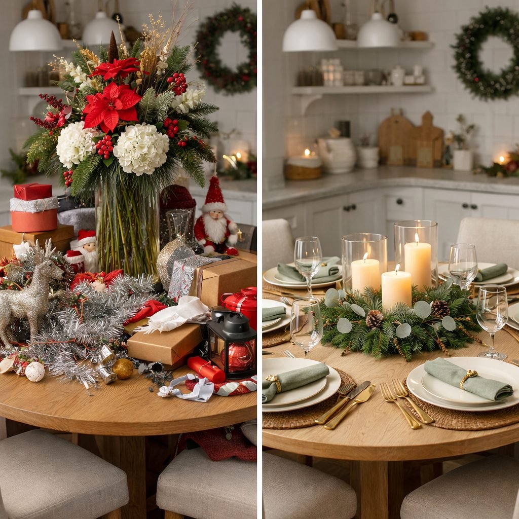 Christmas table before and after: a cluttered table with a tall bulky bouquet, tinsel and gift boxes on the left; the same small round table calmly set for four with a low centerpiece and flameless candles on the right