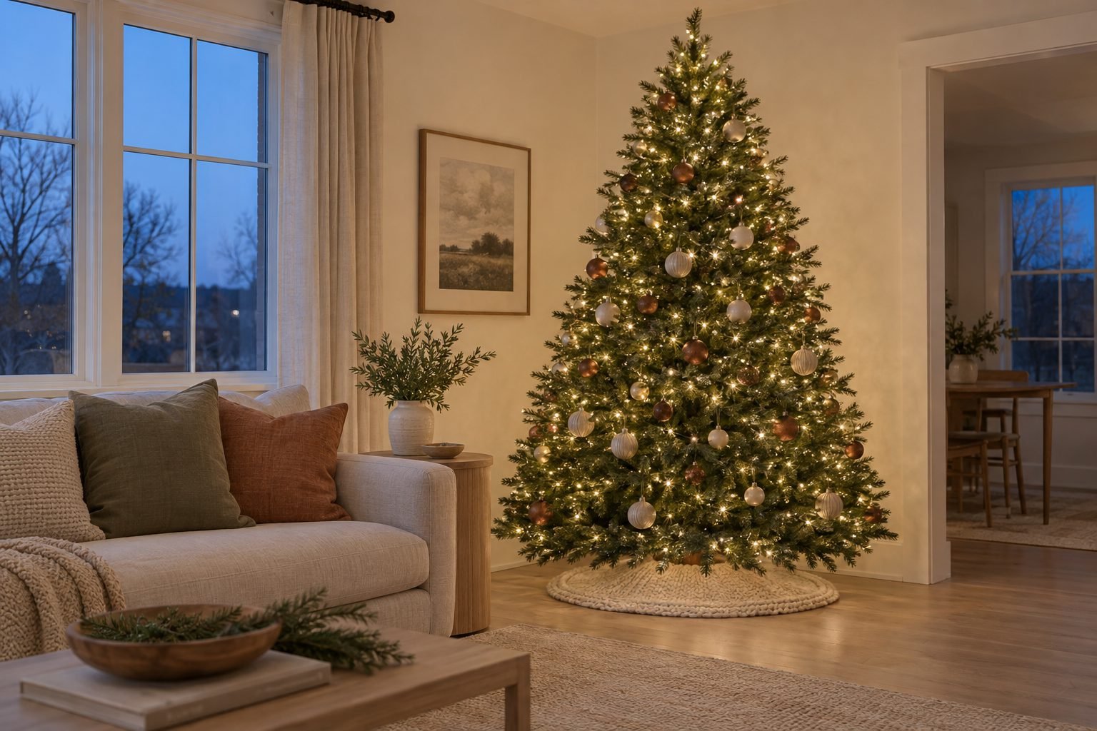 Tall Christmas tree lit with warm white lights spread evenly from top to bottom, with copper and cream ornaments, in a softly lit living room at dusk