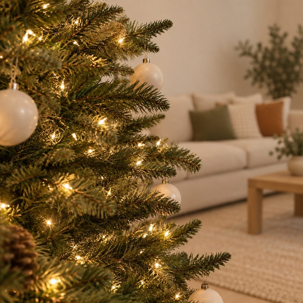 Close-up of Christmas tree branches with warm white mini lights woven deep into the branches and cream baubles, a sofa blurred in the background