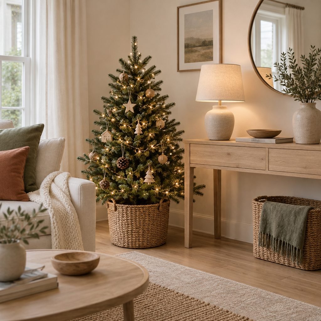 Small 4 ft Christmas tree in a woven basket with warm micro lights and natural wood ornaments beside a console table