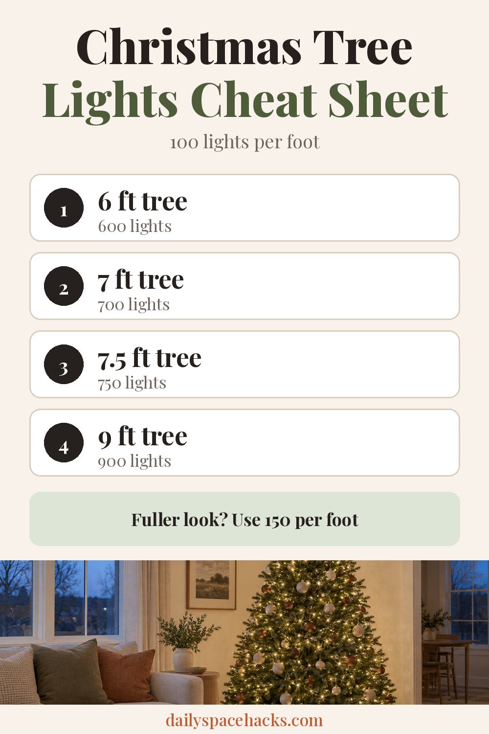 Christmas tree lights cheat sheet: 6 ft tree 600 lights, 7 ft 700, 7.5 ft 750, 9 ft 900; use 150 per foot for a fuller look