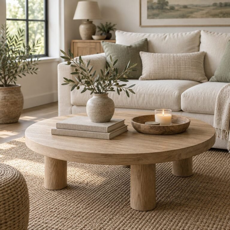 Round white oak coffee table styled with two linen-covered books, a stoneware vase of olive branches and a wooden bowl with a flameless candle, in front of a cream sofa with sage cushions on a jute rug