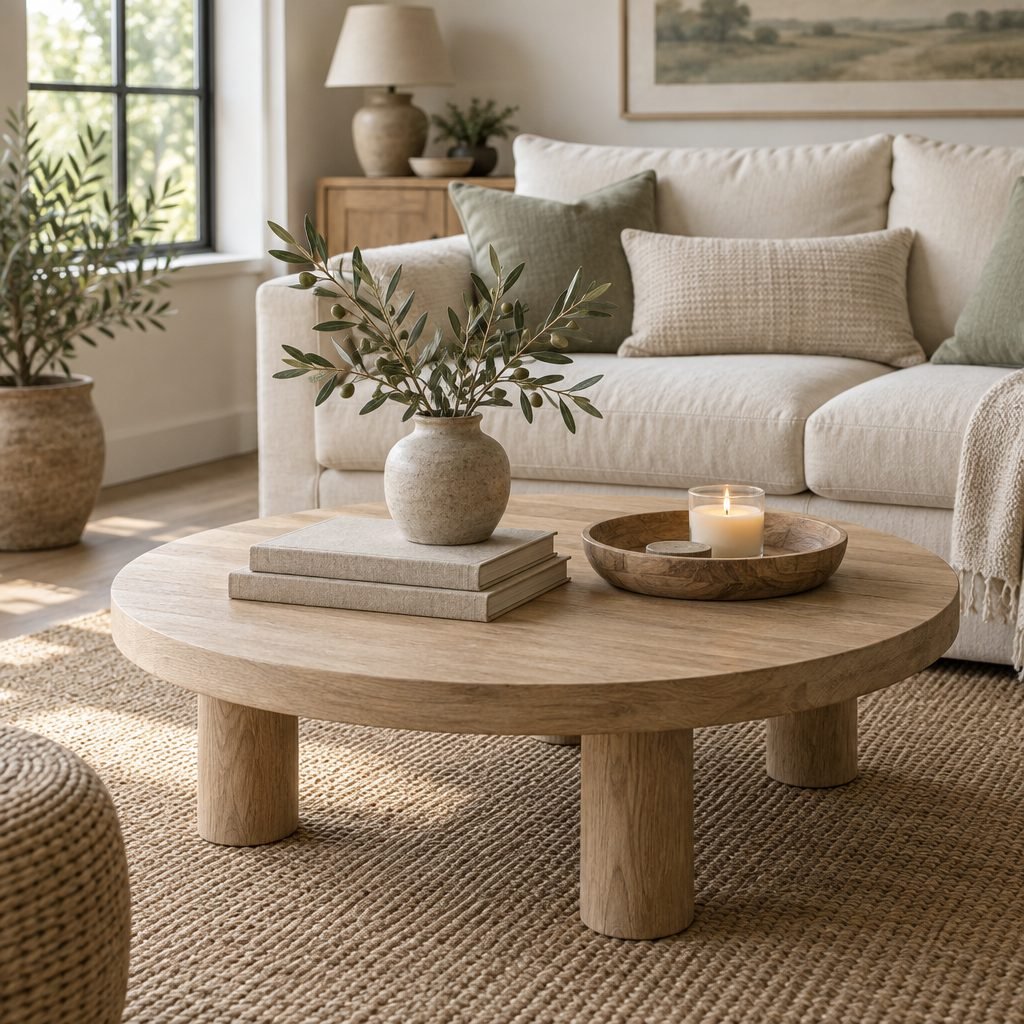 Round white oak coffee table styled with two linen-covered books, a stoneware vase of olive branches and a wooden bowl with a flameless candle, in front of a cream sofa with sage cushions on a jute rug