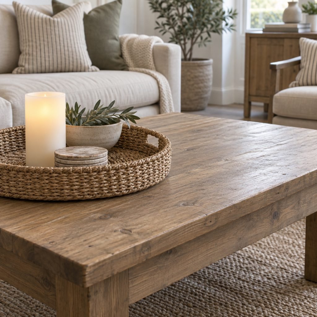 Round woven tray on a rustic wood coffee table holding a flameless pillar candle, a small stoneware bowl with olive sprigs and a stack of stone coasters, with the rest of the table clear