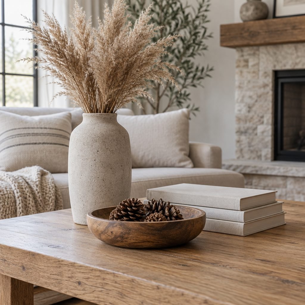 Coffee table styled with three pieces of different heights: a tall stone vase of dried pampas, a low wooden bowl of pinecones and a stack of plain cream books on an oak table