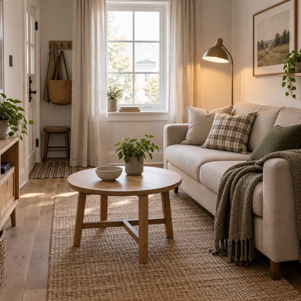 Tiny apartment living room with a small round oak coffee table holding only a ceramic bowl and a potted plant, a compact cream sofa with a plaid cushion and a knit throw, a floor lamp and a jute rug