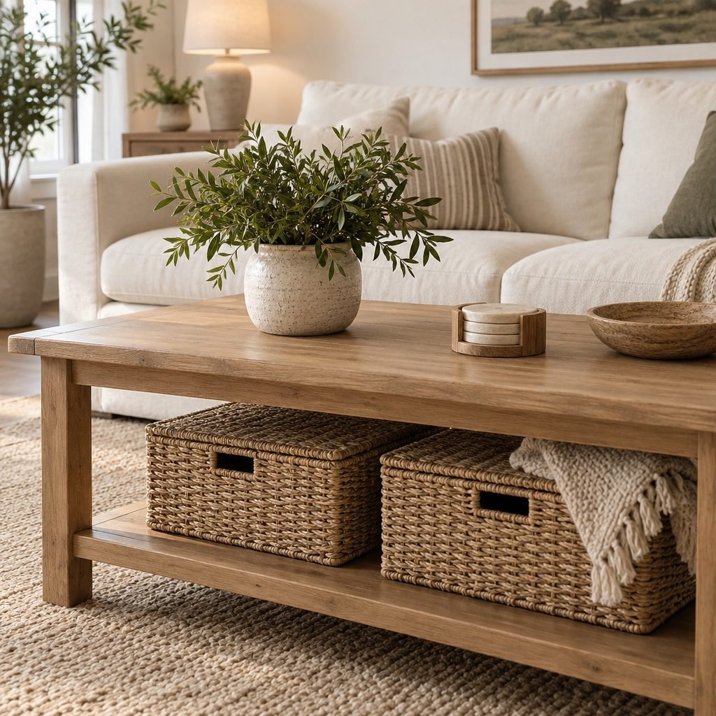 Oak coffee table with two lidded woven baskets and a folded throw on the lower shelf, and a vase of greenery, a coaster set and a wooden bowl on top
