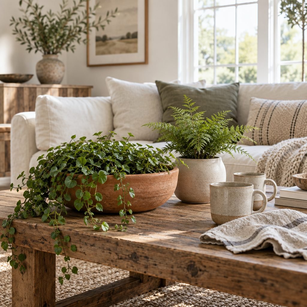 Rustic wood coffee table with a low terracotta bowl of trailing greenery, a fern in a cream pot, two speckled mugs and a linen napkin in a bright living room