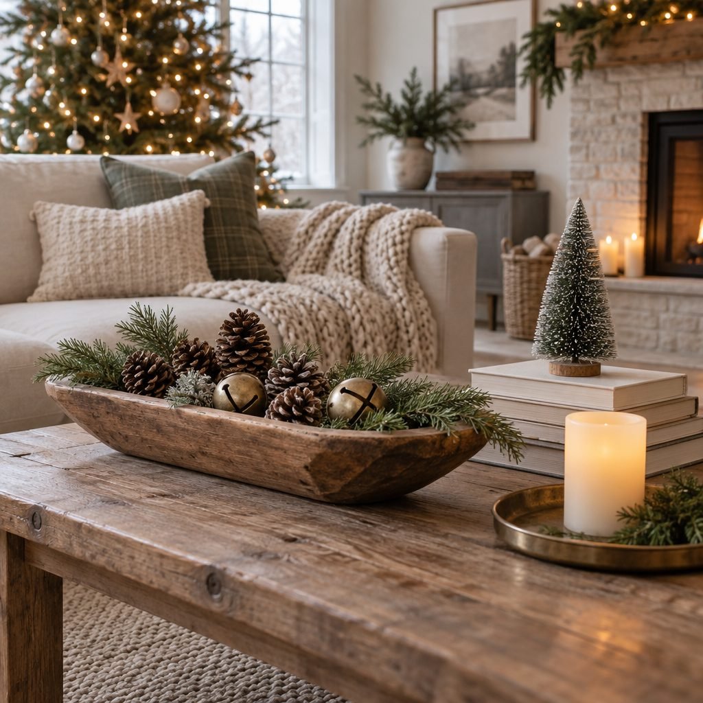 Christmas coffee table decor: a wooden dough bowl of pinecones, pine sprigs and brass bells, a small bottlebrush tree on a stack of books and a flameless candle on a brass tray, with a lit Christmas tree behind