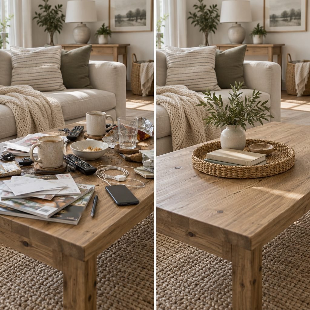 Coffee table before and after: remotes, mugs, mail, magazines, a phone, a charger and snack wrappers covering the table, then the same table with one woven tray holding books and a small bowl next to a vase of olive branches