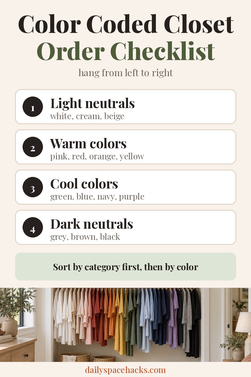Color coded closet order checklist: light neutrals, warm colors, cool colors, dark neutrals