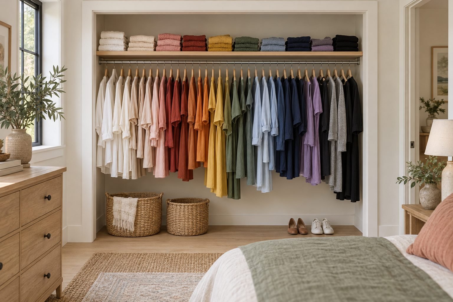 Color coded closet: a reach-in closet with plain tops and dresses on matching wood hangers sorted from white through red, yellow, green and blue to black, folded sweaters above and woven baskets below