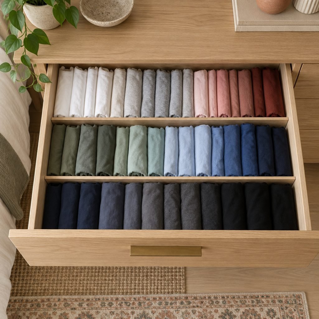 Open oak dresser drawer with file-folded T-shirts standing upright in three rows, sorted from white and pink through green and blue to black