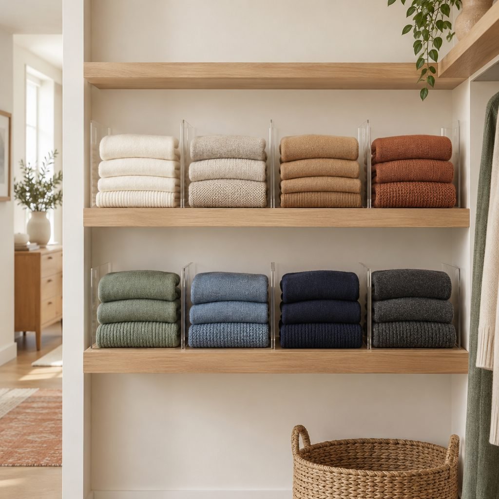 Oak closet shelves with clear acrylic dividers holding folded sweater stacks in cream, oatmeal, camel, rust, sage, blue, navy and charcoal