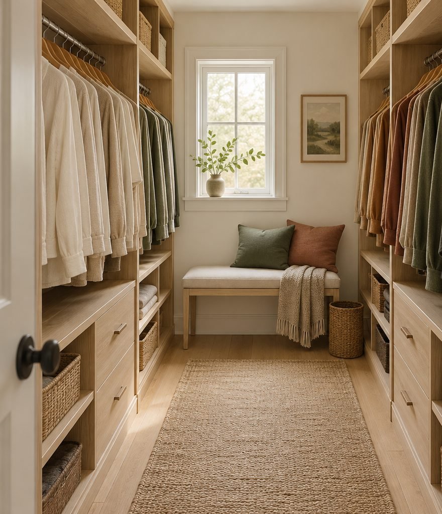 Narrow oak walk-in closet with neutral and earth-tone clothes sorted by color on both sides, a cushioned bench under a window and a jute runner