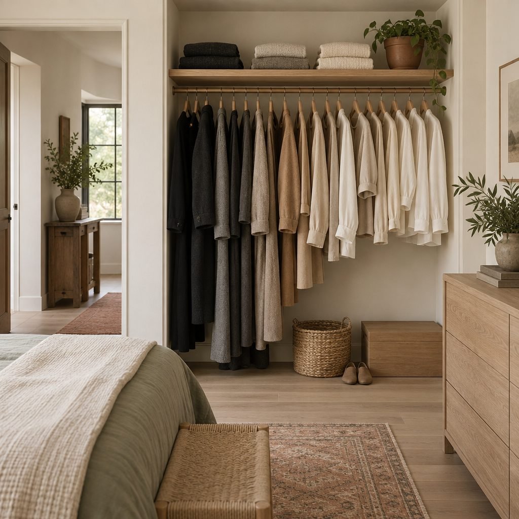 Neutral capsule wardrobe rail with long black and charcoal coats on the left, then grey and taupe, then short ivory shirts on the right, under a shelf of folded knits
