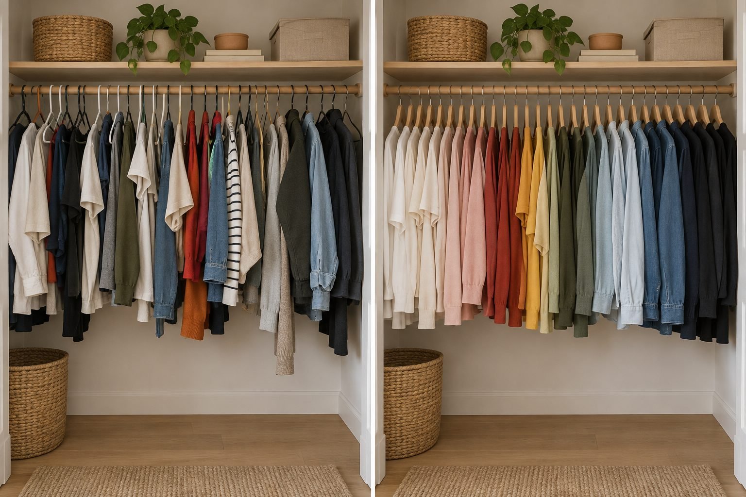 Closet rail before and after: mixed colors on mismatched hangers on the left, the same clothes in a smooth color gradient on matching wood hangers on the right