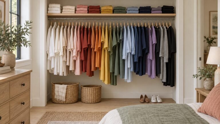 Color coded closet with clothes on matching wood hangers sorted in a rainbow gradient